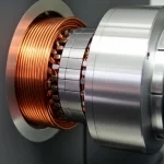 Macro fotografia ad alta definizione, 60mm Macro lens, di un dettaglio del motore lineare DPMLSM ironless. Si vedono chiaramente gli strati: l'array di magneti Halbach esterno, gli avvolgimenti di rame lucido nel traferro e l'array di Halbach interno. Illuminazione controllata laterale per creare ombre morbide e sottolineare la tridimensionalità e la precisione dei componenti.