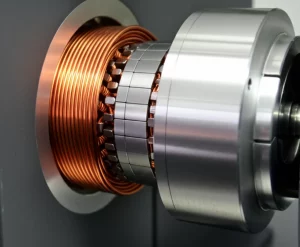 Macro fotografia ad alta definizione, 60mm Macro lens, di un dettaglio del motore lineare DPMLSM ironless. Si vedono chiaramente gli strati: l'array di magneti Halbach esterno, gli avvolgimenti di rame lucido nel traferro e l'array di Halbach interno. Illuminazione controllata laterale per creare ombre morbide e sottolineare la tridimensionalità e la precisione dei componenti.