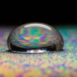 Macro fotografia, obiettivo 100mm, di una singola goccia di collirio trasparente che si trasforma in un gel viscoso mentre tocca una superficie iridescente che simboleggia la superficie oculare, rappresentando un sistema avanzato di rilascio oftalmico di CoQ10. Alta definizione, illuminazione da studio controllata, messa a fuoco precisa sulla transizione liquido-gel.