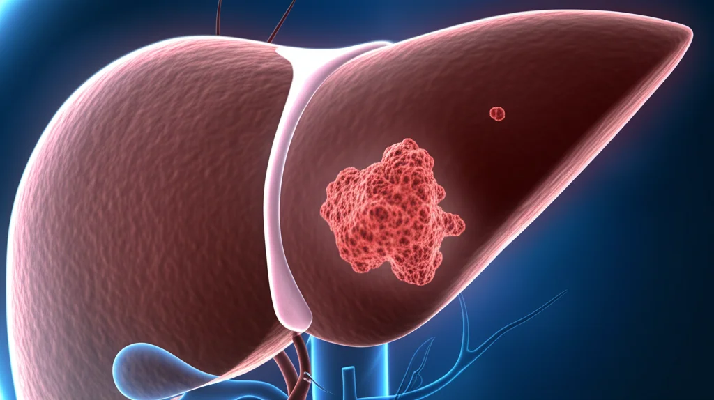 Visualizzazione 3D fotorealistica del fegato umano con evidenziate piccole metastasi tumorali precoci provenienti dal colon-retto, obiettivo macro 100mm, illuminazione drammatica laterale per creare ombre e profondità, focalizzazione precisa sulle lesioni metastatiche, alto dettaglio anatomico delle strutture epatiche e vascolari.