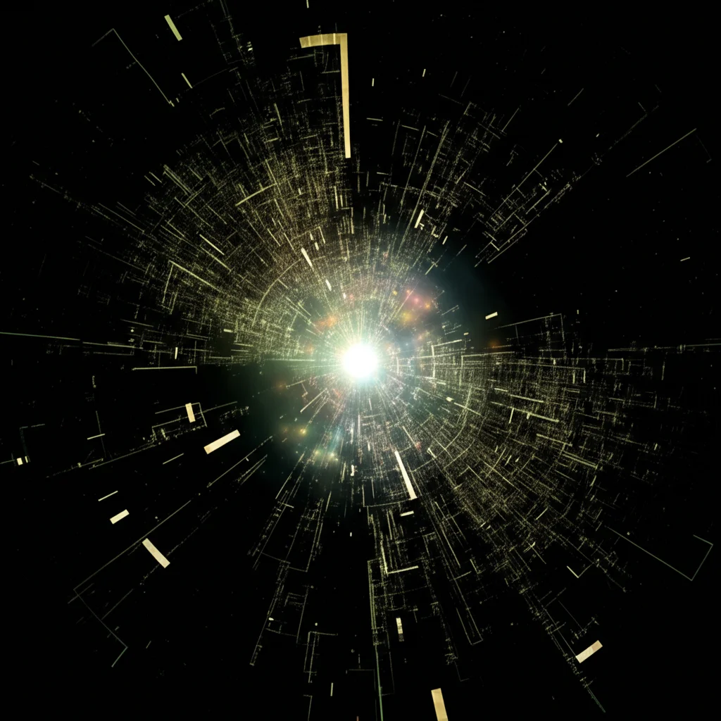 Visualizzazione artistica 3D di una formula matematica complessa (integrazione per parti radiale generalizzata) che si espande da un nucleo luminoso, simboleggiando la generalizzazione, sfondo cosmico, wide-angle lens 15mm, long exposure.