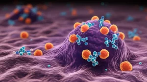 Visualizzazione artistica ma fotorealistica che mostra cellule infiammatorie stilizzate (rosse e arancioni, leggermente luminose) e molecole di insulina (blu chiaro) che interagiscono vicino a una cellula cancerosa astratta (viola scuro, con una forma irregolare), simboleggiando il legame sinergico tra infiammazione cronica, resistenza insulinica e cancro. Profondità di campo ridotta, obiettivo prime 35mm, illuminazione drammatica con contrasti netti, sfondo scuro e sfocato.