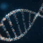 Visualizzazione astratta di una doppia elica di DNA con punti luminosi che rappresentano varianti genetiche associate all'attività enzimatica GCase, sfondo scuro con focus nitido, stile cinematografico, prime lens 35mm, profondità di campo.