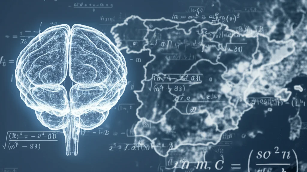 Visualizzazione concettuale fotorealistica di una rete neurale informata dalla diffusione. Un cervello stilizzato (AI) si fonde con equazioni matematiche fluttuanti (modelli tradizionali) su uno sfondo che rappresenta la mappa della Spagna con pattern di diffusione di una malattia. Obiettivo 35mm, profondità di campo, toni blu e grigi duotone, per simboleggiare l'integrazione tra AI e matematica nella previsione epidemica.
