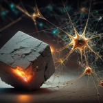 Composizione fotorealistica che mostra un campione cubico di calcestruzzo high-tech accanto a una visualizzazione dati astratta e luminosa di una rete neurale, simboleggiando la fusione tra ingegneria dei materiali e intelligenza artificiale avanzata. Illuminazione drammatica da studio, lente prime 50mm, sfondo scuro e pulito.