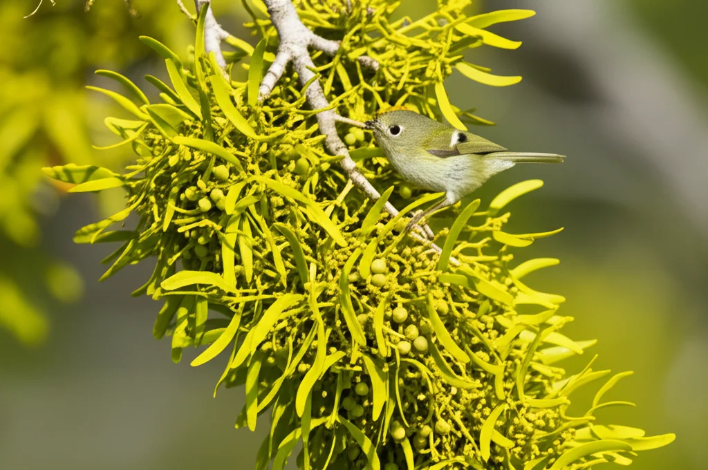 Fotografia macro, obiettivo 100mm, un piccolo uccello insettivoro come un Regolo Corona Rubino (Ruby-crowned Kinglet) intento a spulciare insetti da un fitto cespo di Vischio a Foglia Larga (Phoradendron leucarpum) attaccato al ramo di un albero deciduo, messa a fuoco nitida sull'uccello e sul vischio, illuminazione controllata che evidenzia i dettagli del piumaggio e delle foglie del vischio, sfondo naturale leggermente sfocato (profondità di campo).