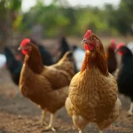 Galline ruspanti etiopi, mix di razze locali ed esotiche, che razzolano in un cortile di un villaggio nel sud dell'Etiopia, luce calda del tardo pomeriggio, obiettivo 35mm, profondità di campo che sfoca leggermente lo sfondo.