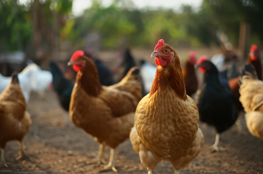 Galline ruspanti etiopi, mix di razze locali ed esotiche, che razzolano in un cortile di un villaggio nel sud dell'Etiopia, luce calda del tardo pomeriggio, obiettivo 35mm, profondità di campo che sfoca leggermente lo sfondo.