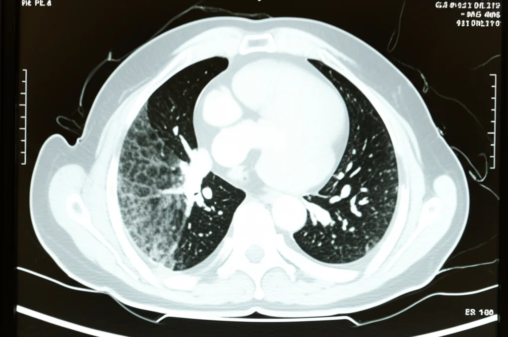 Immagine ad alta risoluzione di una TAC polmonare (HRCT) che mostra pattern reticolari diffusi e aree di fibrosi, tipici delle alterazioni interstiziali nella tubercolosi polmonare, visualizzata su uno schermo diagnostico luminoso in una stanza poco illuminata, messa a fuoco nitida sui dettagli polmonari.