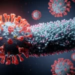 Immagine concettuale di molecole TPD stilizzate (strutture a ponte luminose) che circondano e smantellano una particella virale SARS-CoV-2 stilizzata. Macro lens, 100mm, high detail, illuminazione drammatica, sfondo scuro.