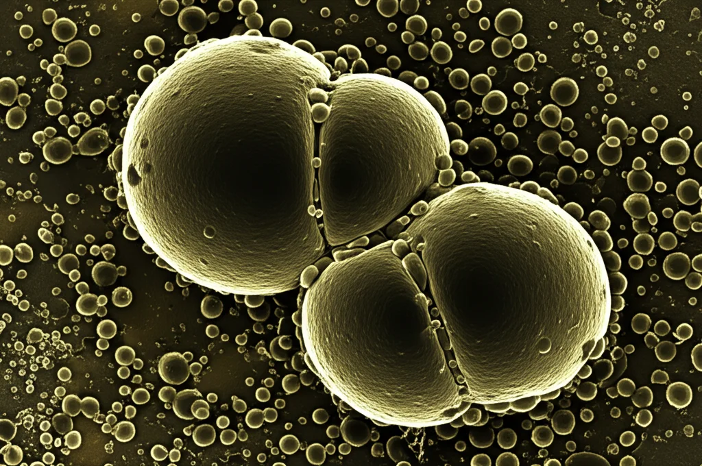 Immagine fotorealistica al microscopio elettronico di due goccioline lipidiche cellulari nel momento della fusione, membrane che si uniscono, alta definizione, illuminazione drammatica, obiettivo macro 100mm, mostrando la coalescenza dei contenuti interni.