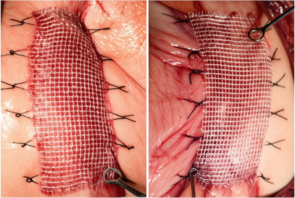 Immagine fotorealistica di due sezioni trasversali comparative dell'addome durante la riparazione di un'ernia incisionale con tecnica sublay. A sinistra, una rete sintetica fissata con suture visibili; a destra, la stessa rete posizionata senza fissaggio. Illuminazione da studio controllata, obiettivo macro 85mm, alta definizione per mostrare i dettagli della rete e dei tessuti, focus nitido su entrambe le tecniche.