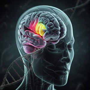 Immagine fotorealistica di un cervello umano stilizzato con aree evidenziate rappresentanti un glioma, sovrapposta a una doppia elica di DNA simboleggiante le mutazioni genetiche come IDH. Illuminazione drammatica, stile film noir, obiettivo prime 35mm, profondità di campo.