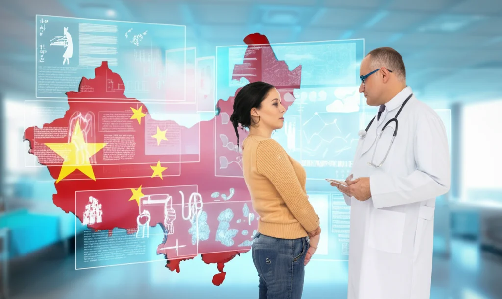 Immagine fotorealistica di un medico e un paziente che interagiscono tramite schermi digitali sovrapposti a una mappa stilizzata della Cina, simboleggiando la telemedicina. Obiettivo grandangolare 24mm per includere entrambi gli elementi, focus nitido sugli schermi, sfondo leggermente sfocato, colori vivaci ma professionali che richiamano l'ambito sanitario e tecnologico.