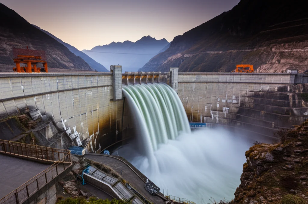 Imponente diga idroelettrica incastonata nel maestoso Yarlung-Tsangpo Grand Canyon, con l'acqua che scorre potente dal bacino verso il fiume a valle. Obiettivo grandangolare 15mm, lunga esposizione per effetto seta sull'acqua rilasciata, luce del tardo pomeriggio che illumina le cime montuose circostanti, messa a fuoco nitida sul paesaggio e sulla struttura della diga.