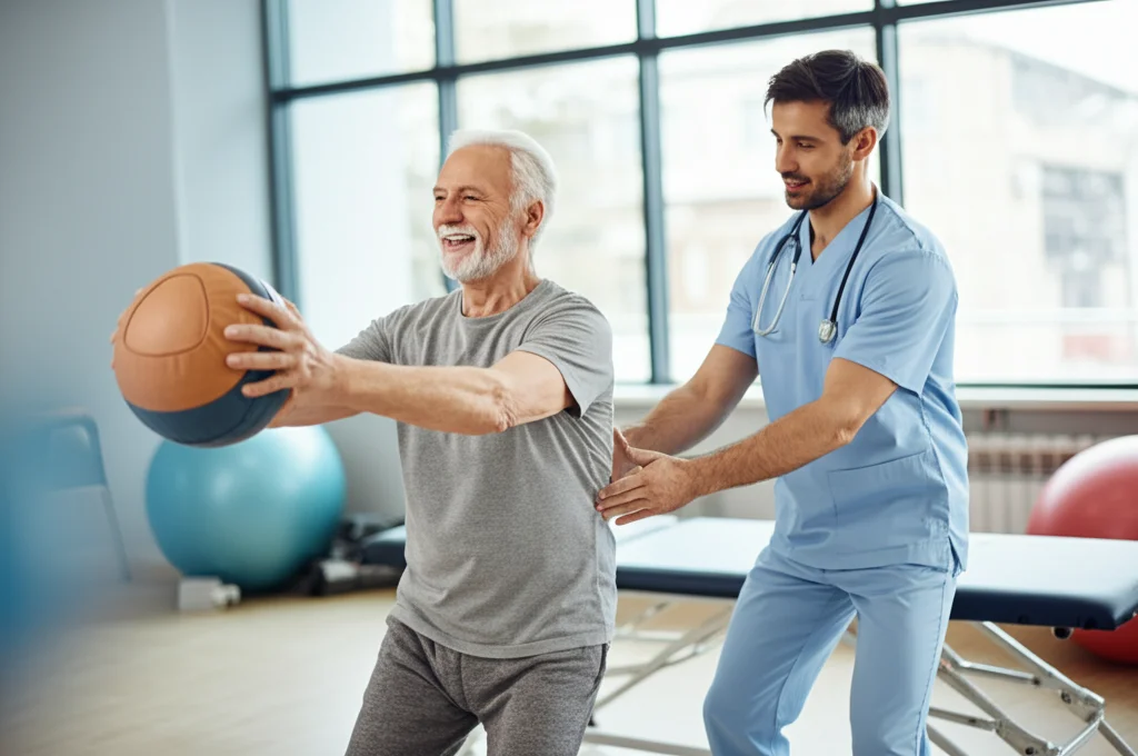 Paziente anziano sorridente mentre fa esercizi di fisioterapia leggera con una palla medica in una stanza luminosa e moderna, assistito da un fisioterapista incoraggiante. Immagine fotorealistica, obiettivo 50mm, profondità di campo ridotta per focalizzare sui soggetti, luce naturale controllata, colori caldi.