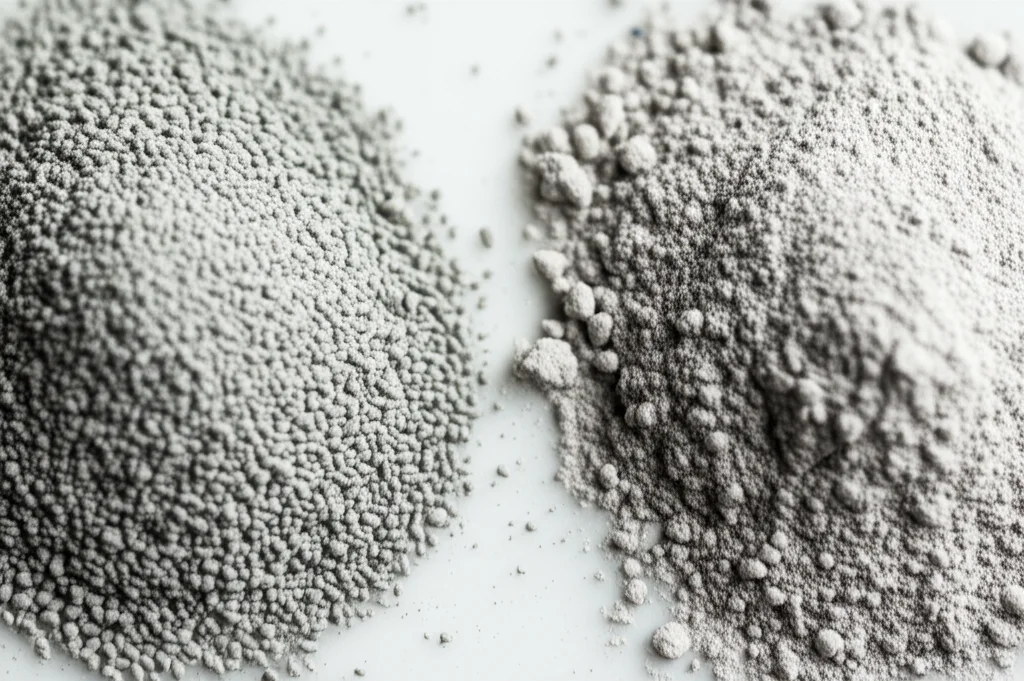 Primo piano macro (obiettivo 100mm) di cenere di lolla di grano grigia finissima accanto a polvere di cemento Portland grigio chiaro, su una superficie di laboratorio pulita. Illuminazione controllata, alta definizione dei dettagli delle particelle.