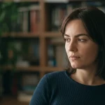Primo piano ritratto di una donna sulla trentina dall'aspetto sano ma pensieroso, luce naturale laterale che illumina metà del viso, sfondo leggermente sfocato con elementi naturali (piante) e una libreria che suggerisce studio/ricerca. 35mm portrait, depth of field, tonalità calde e neutre.
