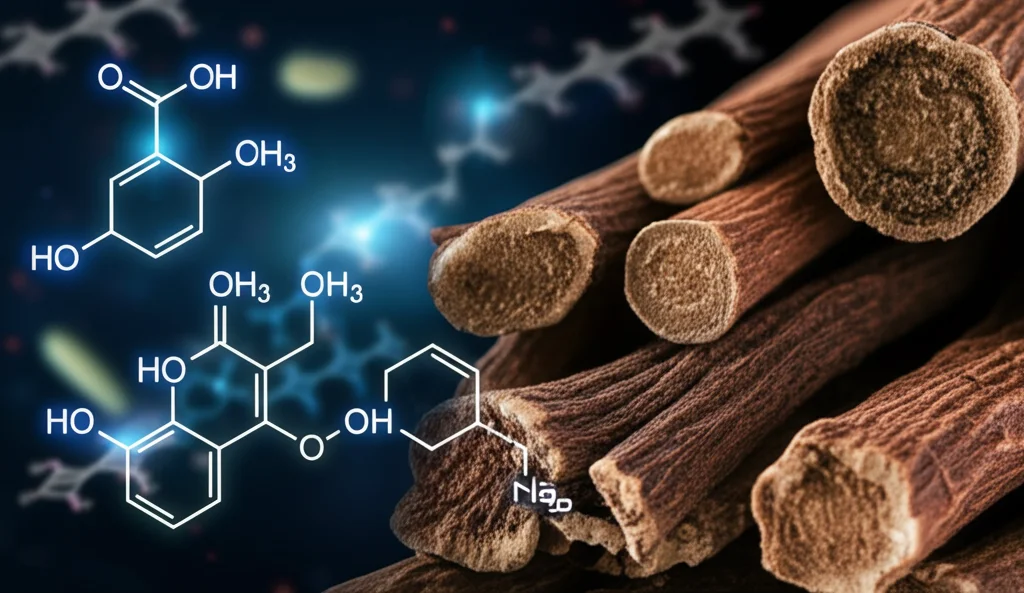 Close-up fotorealistico di radici di liquirizia essiccate accanto a strutture molecolari stilizzate e luminose di fenoli prenilati, che rappresentano il loro potere antibatterico contro i batteri Streptococcus mutans appena visibili sullo sfondo. Lente macro, 80mm, alta definizione, illuminazione drammatica controllata.