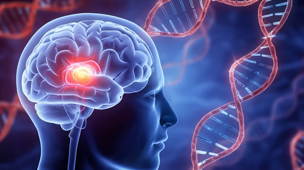 Concetto astratto che mostra la connessione tra vasi sanguigni rossi e blu stilizzati, eliche di DNA luminose e un cervello umano trasparente con aree attive, rappresentando lo stress biologico vascolare e la cognizione. Obiettivo 50mm, profondità di campo, illuminazione drammatica blu e viola duotone.