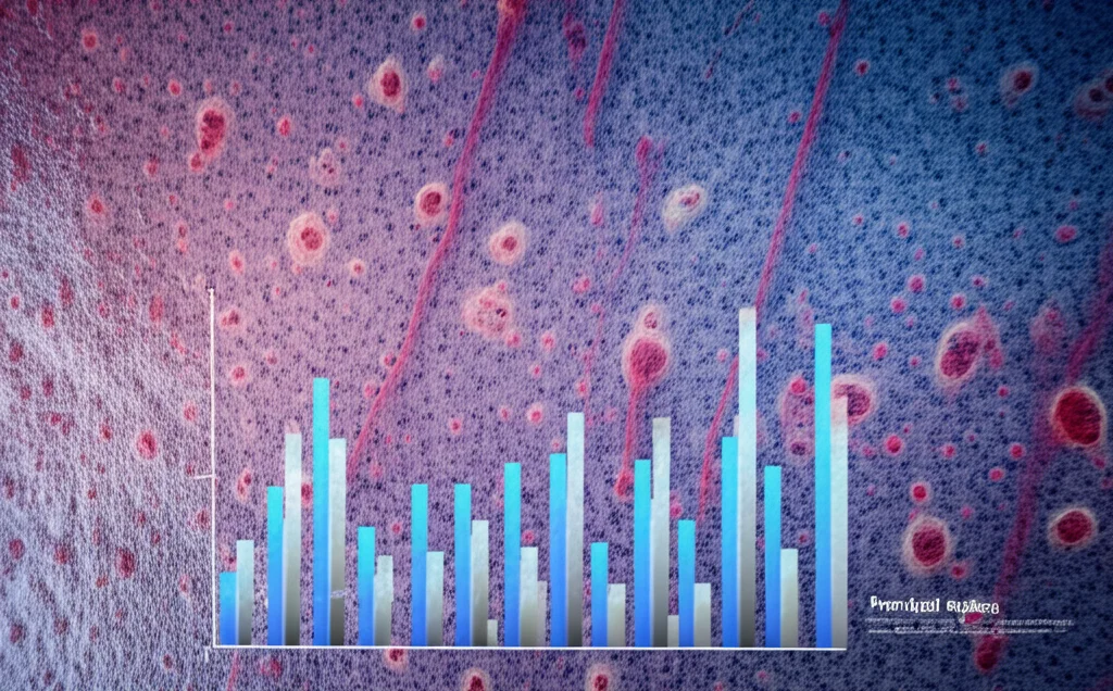 Immagine concettuale che mostra un grafico statistico complesso sovrapposto a una micrografia di cellule della pelle colpite da pemfigoide bolloso, illuminazione drammatica high-tech, alta definizione, lente macro 60mm, rappresenta l'analisi statistica avanzata di malattie rare della pelle.
