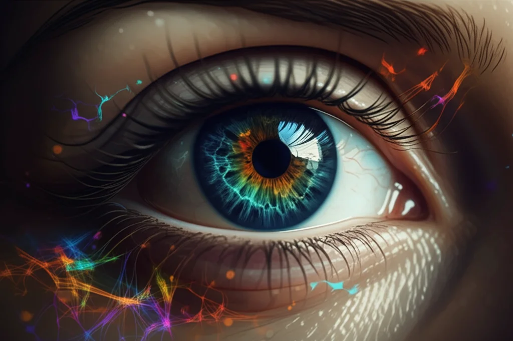 Immagine concettuale di onde cerebrali EEG stilizzate e luminose sovrapposte a un occhio umano che osserva un flusso di immagini diverse (oggetti, animali, scene), stile fotorealistico, obiettivo 35mm, profondità di campo, colori vibranti che simboleggiano l'attività neurale.