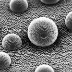 Immagine macro ad alta definizione di esosomi (piccole vescicole extracellulari) rilasciati da cellule staminali mesenchimali del cordone ombelicale umano, visualizzati al microscopio elettronico. L'illuminazione è controllata per evidenziare la struttura sferica e la membrana delle vescicole, su uno sfondo che suggerisce un ambiente di laboratorio high-tech. Macro lens, 100mm, high detail, precise focusing, controlled lighting.