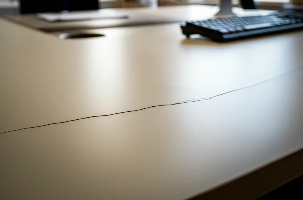 Immagine simbolica del disagio psicologico sul posto di lavoro: una scrivania d'ufficio ordinata ma con una crepa visibile che attraversa la superficie, suggerendo una tensione sottostante. Obiettivo macro 100mm, high detail sulla crepa, illuminazione da ufficio controllata, messa a fuoco precisa sulla texture della scrivania e della crepa.