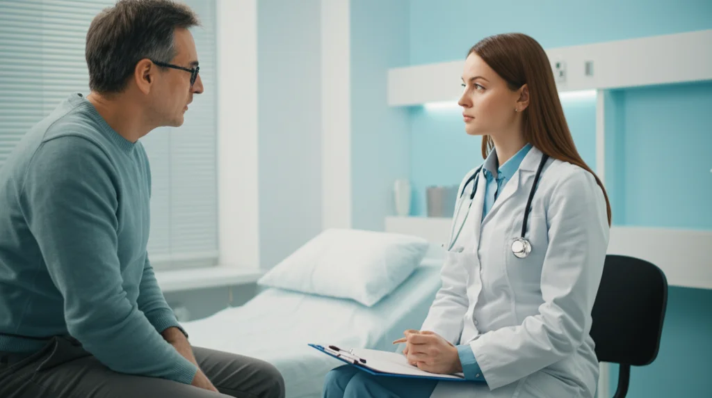 Fotografia di ritratto di una dottoressa compassionevole in un cappotto bianco che parla delicatamente con un paziente maschio di mezza età seduto su un letto d'esame in una sala clinica luminosa e moderna. La luce morbida e naturale migliora l'atmosfera premurosa. La profondità di campo si concentra bruscamente sulla loro interazione, offuscando leggermente lo sfondo. Scatto con un obiettivo Prime da 35 mm.