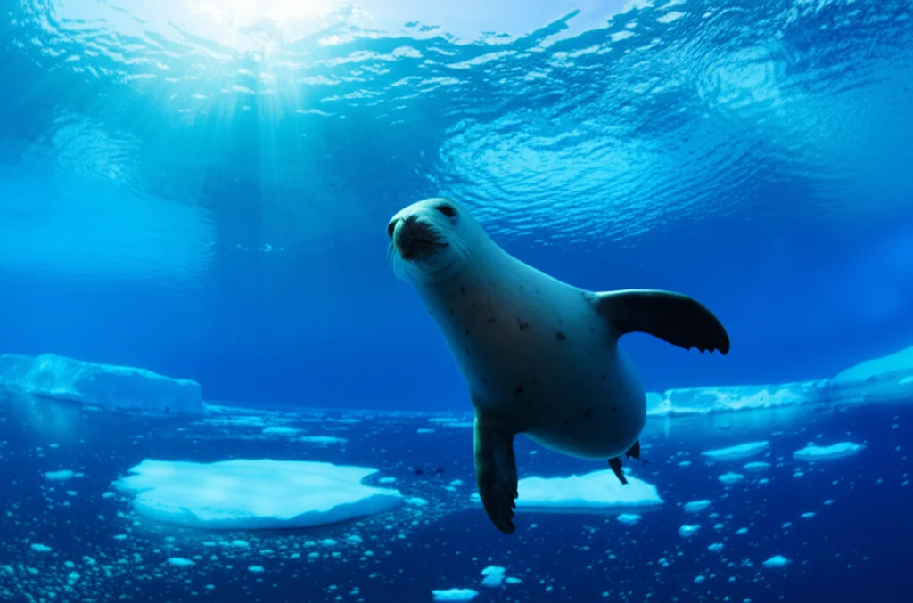 Fotografia naturalistica subacquea di una foca di Weddell (Leptonychotes weddellii) che nuota elegantemente sotto il ghiaccio marino in Antartide. Luce filtrata dall'alto che crea raggi luminosi nell'acqua blu profondo, obiettivo grandangolare 18mm, messa a fuoco nitida sulla foca, bolle d'aria visibili.