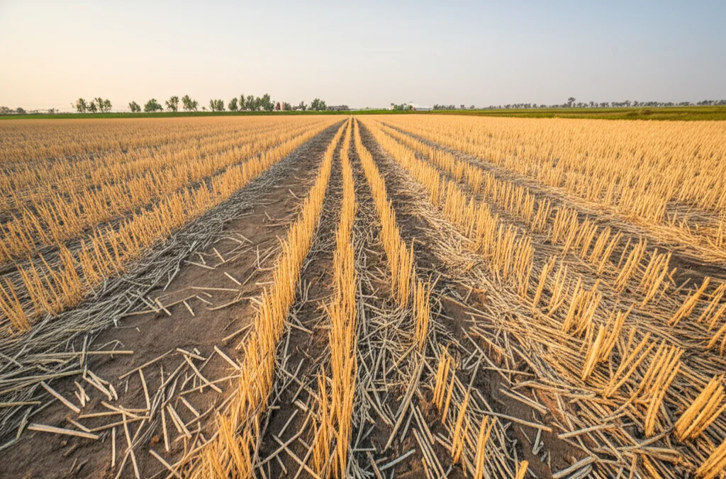 Grandangolo paesaggistico, obiettivo 24mm, campo agricolo fertile nella pianura Huang-Huai-Hai sotto rotazione grano-mais, che mostra residui di paglia incorporati sulla superficie del suolo dopo il raccolto, enfatizzando la salute del suolo e l'agricoltura sostenibile, messa a fuoco nitida, luce del tardo pomeriggio.