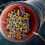 Illustrazione 3D fotorealistica di un batterio E. coli sezionato che rivela al suo interno un grande compartimento sferico e denso, privo di membrana (il CSRsome), contenente molecole stilizzate di proteina CsrA e RNA. Il batterio è posto su uno sfondo scuro e illuminato lateralmente per enfatizzare la struttura interna. Obiettivo macro, alta risoluzione, dettagli molecolari visibili.