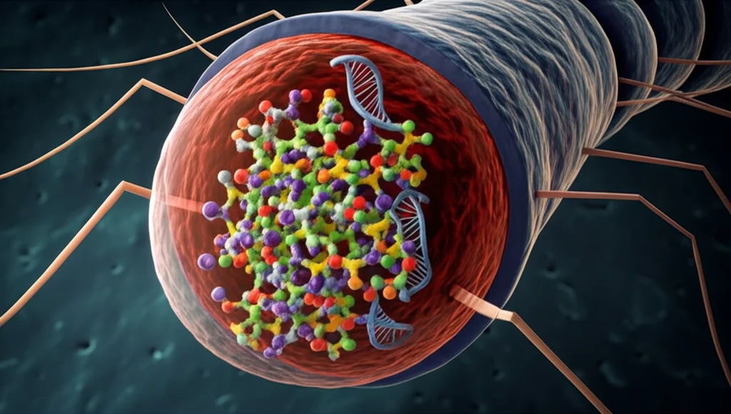 Illustrazione 3D fotorealistica di un batterio E. coli sezionato che rivela al suo interno un grande compartimento sferico e denso, privo di membrana (il CSRsome), contenente molecole stilizzate di proteina CsrA e RNA. Il batterio è posto su uno sfondo scuro e illuminato lateralmente per enfatizzare la struttura interna. Obiettivo macro, alta risoluzione, dettagli molecolari visibili.