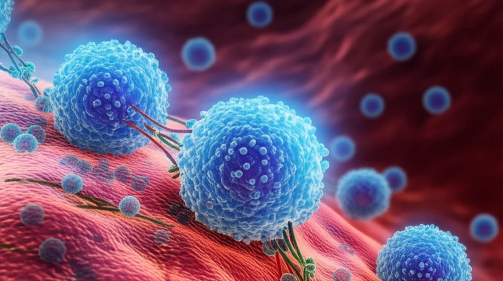 Illustrazione concettuale della sinergia tra farmaci: due molecole stilizzate (rappresentanti venetoclax e HMA) che si uniscono per attaccare una cellula leucemica stilizzata su uno sfondo astratto che richiama il flusso sanguigno. Alta definizione, colori vivaci ma scientifici (blu, viola, rosso).