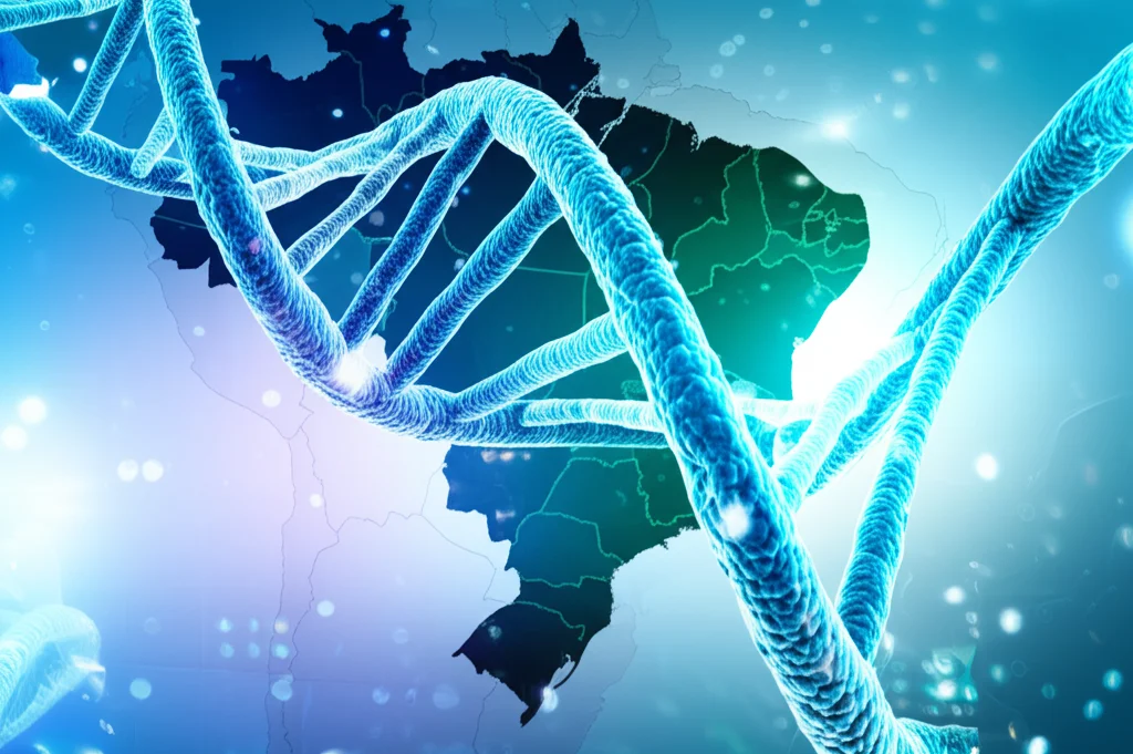 Immagine concettuale di una mappa stilizzata del Brasile con sovrapposta una doppia elica di DNA luminosa, a simboleggiare lo studio genetico sulla popolazione. Wide-angle lens, 18mm, sharp focus, colori vivaci ma realistici.