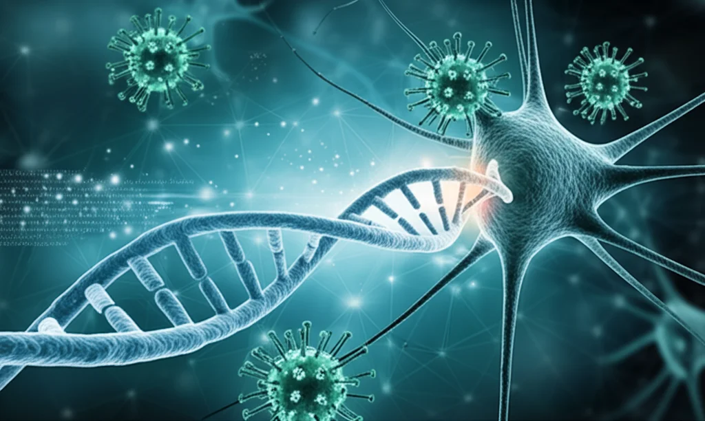 Immagine fotorealistica di un filamento di DNA ottimizzato (coSMN1) che entra in un neurone motorio stilizzato, circondato da particelle virali AAV9. Sfondo astratto che richiama il sistema nervoso, colori blu e verde duotone, profondità di campo, lente prime 35mm, simboleggia l'innovazione della terapia genica AAV9-coSMN1 per la SMA.