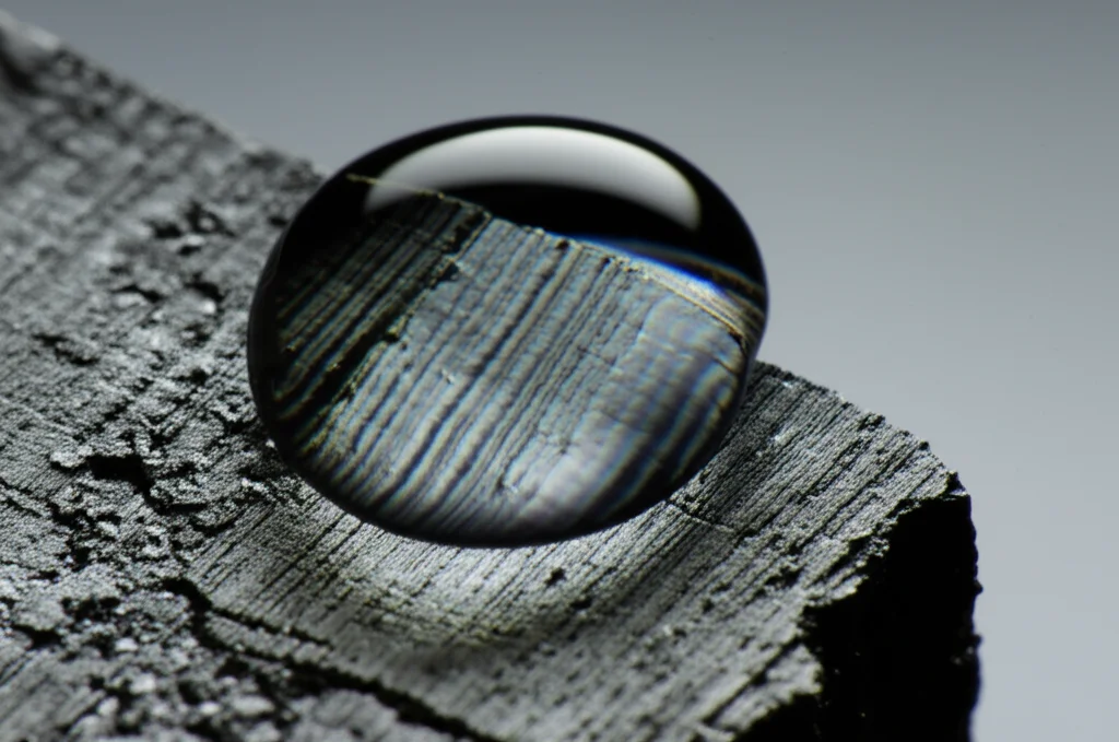 Immagine macro ad alta definizione di una goccia d'acqua che si posa su un pezzo di carbone antracite scuro e lucido, evidenziando l'angolo di contatto e la bagnabilità migliorata dopo il trattamento con modificatore acido, illuminazione laterale controllata per enfatizzare la texture, obiettivo macro 100mm, alta precisione.