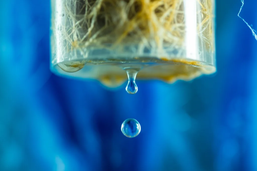 Immagine macro fotorealistica di acqua limpida che gocciola da un filtro contenente fibre di PET modificate con zolfo, in netto contrasto con acqua colorata di blu di metilene visibile sullo sfondo sfocato. Lente macro 85mm, alta definizione, illuminazione da studio controllata che esalta la trasparenza dell'acqua pulita, focus preciso sulle gocce d'acqua e sulla texture delle fibre.