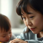 Primo piano emotivo, stile ritratto 35mm, di una madre cinese che osserva pensierosa il suo bambino di 3 anni giocare, simboleggiando la percezione genitoriale dell'attaccamento; luce soffusa, profondità di campo, toni caldi.