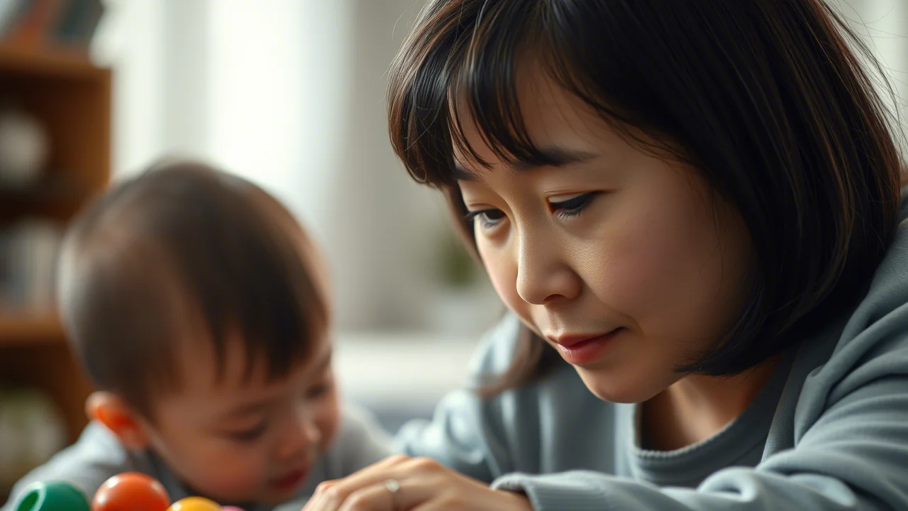 Primo piano emotivo, stile ritratto 35mm, di una madre cinese che osserva pensierosa il suo bambino di 3 anni giocare, simboleggiando la percezione genitoriale dell'attaccamento; luce soffusa, profondità di campo, toni caldi.
