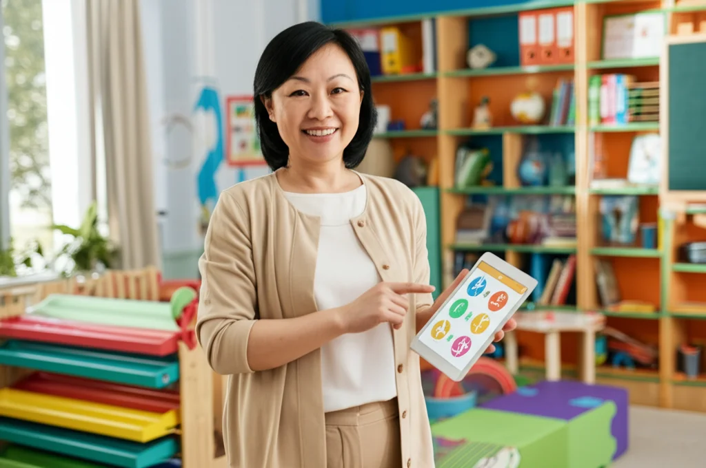 Ritratto fotografico realistico di un'insegnante di matematica cinese di scuola primaria, sui 40 anni, in piedi in un'aula colorata e moderna, che tiene in mano un tablet con un'app educativa di matematica visibile sullo schermo. Sorride con fiducia alla telecamera, trasmettendo competenza e positività verso la tecnologia. Obiettivo prime 50mm, profondità di campo che sfoca leggermente lo sfondo dell'aula, luce naturale dalla finestra laterale, stile documentaristico ma curato.