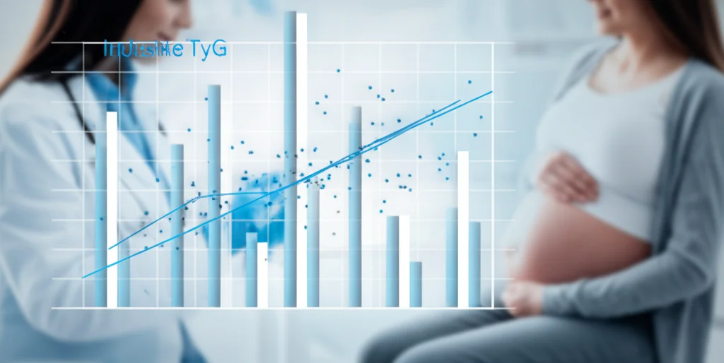 Visualizzazione astratta di grafici medici che mostrano una correlazione positiva tra l'indice TyG e il rischio di preeclampsia, sovrapposti a un'immagine sfocata di una donna incinta serena durante una visita medica, colori blu e bianco duotone, profondità di campo, stile infografica medica, lente 35mm.