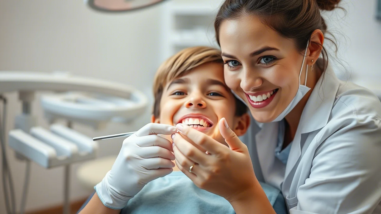 Fotografia stile ritratto clinico, obiettivo 35mm, che mostra un dentista pediatrico sorridente mentre esamina delicatamente gli incisivi superiori restaurati di un bambino piccolo seduto sulla poltrona dentistica. Luce morbida e naturale, atmosfera rassicurante. Profondità di campo che sfoca leggermente lo sfondo dello studio dentistico.
