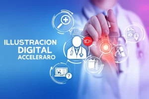 Illustrazione concettuale che mostra un percorso digitale accelerato da un simbolo di dolore articolare stilizzato a una diagnosi medica confermata da un reumatologo, con elementi grafici e icone di questionari online. Obiettivo grandangolare 24mm, colori brillanti ma professionali, focus nitido sul percorso.