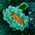 Illustrazione fotorealistica concettuale che fonde la struttura molecolare 3D della proteina FtsZ di E. coli con un'immagine microscopica del batterio stesso. Sovrapposti, elementi grafici stilizzati rappresentanti codice binario e reti neurali (simbolo del machine learning) e traiettorie di simulazione (dinamica molecolare). Obiettivo 50mm, profondità di campo ridotta, illuminazione drammatica che mette in risalto la proteina FtsZ come bersaglio centrale.
