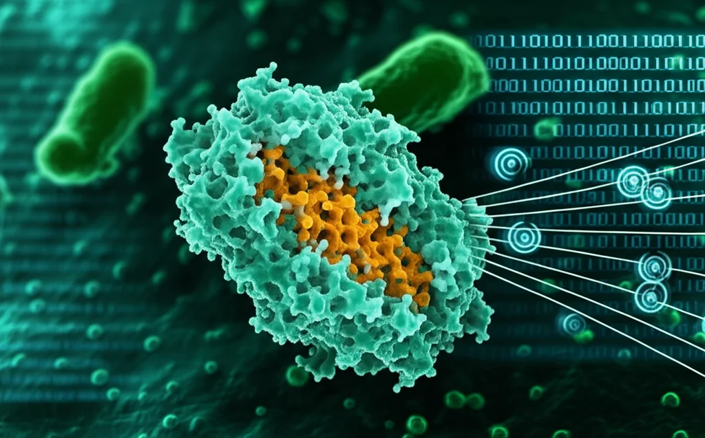 Illustrazione fotorealistica concettuale che fonde la struttura molecolare 3D della proteina FtsZ di E. coli con un'immagine microscopica del batterio stesso. Sovrapposti, elementi grafici stilizzati rappresentanti codice binario e reti neurali (simbolo del machine learning) e traiettorie di simulazione (dinamica molecolare). Obiettivo 50mm, profondità di campo ridotta, illuminazione drammatica che mette in risalto la proteina FtsZ come bersaglio centrale.
