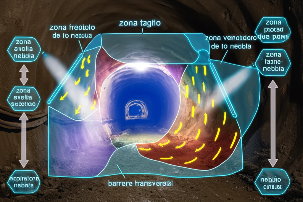 Immagine fotorealistica che combina la visione di un tunnel di scavo sotterraneo buio e polveroso con una sovrapposizione grafica luminosa e stilizzata che illustra le diverse zone di abbattimento polveri create dal sistema a nebbia d'acqua multistadio (zona taglio avvolta da nebbia, zona ventilatore con frecce di aspirazione, barriere di nebbia trasversali). Effetto high-tech ma radicato nella realtà della miniera. Obiettivo 35mm, profondità di campo media, contrasto tra l'ambiente scuro e la grafica luminosa del sistema.
