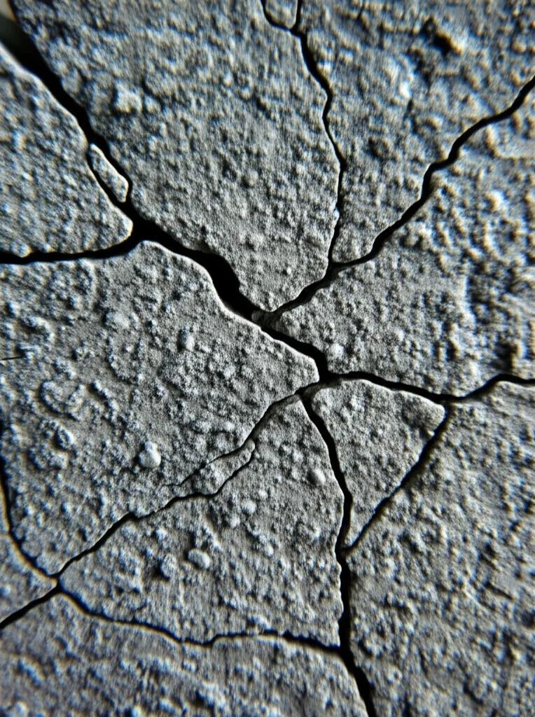 Primo piano fotorealistico di un campione di CPB (Cemented Paste Backfill) fratturato dopo un test di compressione. Si vedono chiaramente le particelle aggregate (ganga di carbone), la matrice cementizia e le micro-fratture interne che attraversano il materiale. Obiettivo macro 100mm, alta definizione, illuminazione da studio controllata per enfatizzare la texture e il degrado strutturale, profondità di campo ridotta per isolare il dettaglio della frattura.