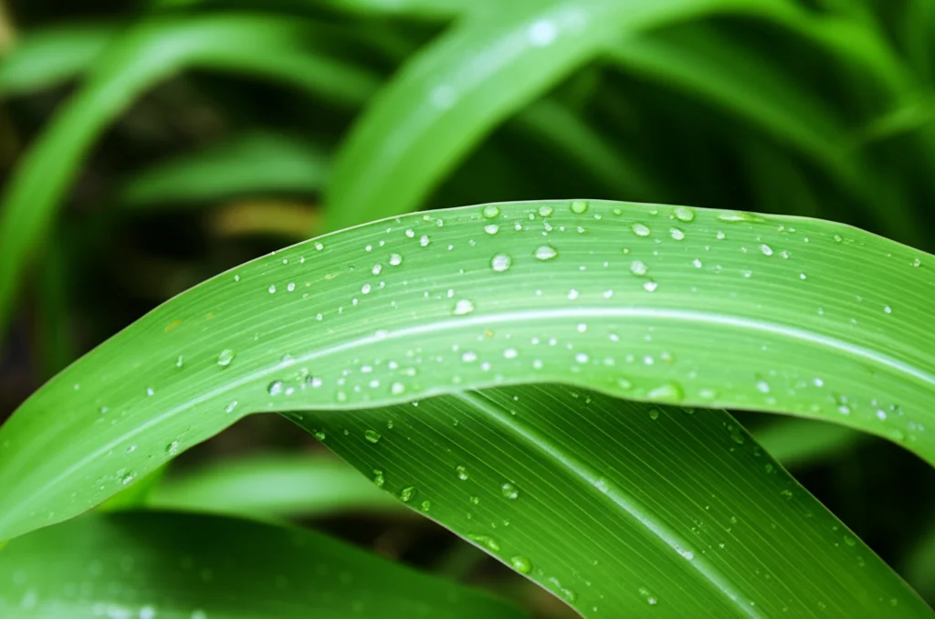 Primo piano macro di una foglia di sorgo perenne verde brillante, gocce di rugiada visibili sulla superficie, illuminazione controllata che ne esalta la texture venata, obiettivo macro 100mm, alta definizione, sfondo leggermente sfocato.