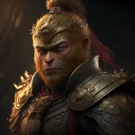 Ritratto cinematografico di Sun Wukong da Black Myth: Wukong, dettagli elevati sull'armatura dorata e sul pelo scimmiesco, illuminazione drammatica laterale che crea forti contrasti, stile film noir, 35mm portrait, profondità di campo ridotta.